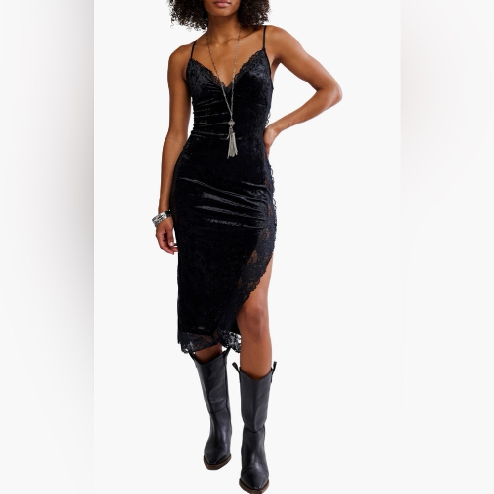 Free People Raise A Toast Velvet & Lace Midi Slipdress